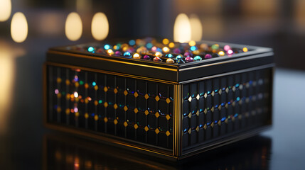 A decorative black box adorned with jewels sits on a reflective surface.