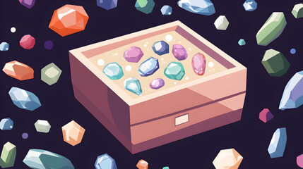A wooden box filled with colorful gemstones surrounded by other scattered stones.