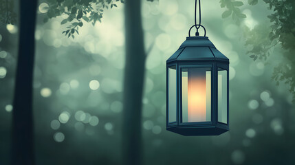 A lantern hangs in a misty forest with blurred trees and soft light.
