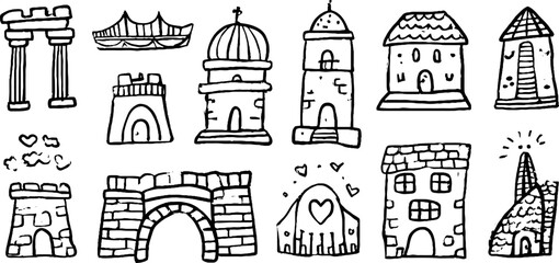 Doodle set of architectural icons featuring columns, arches, and buildings for creative design