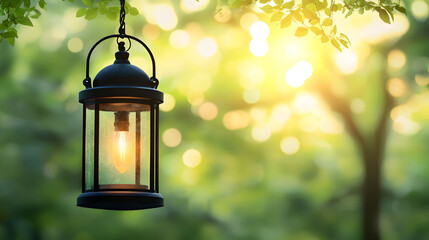 A lantern hangs from a tree branch with a blurred green and yellow background.