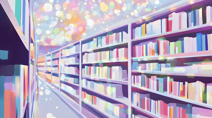 Rows of books fill shelves inside a brightly lit library setting.