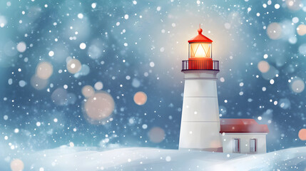 A lighthouse stands in a snowy landscape with falling snowflakes and bokeh.