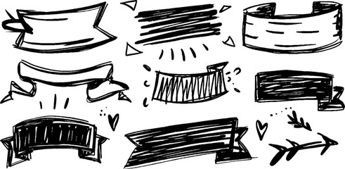 Hand drawn doodle set of banners and ribbons for creative design projects