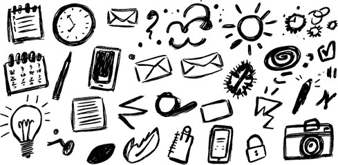 Whimsical doodle set with clocks, phones, and calendars for creative designs