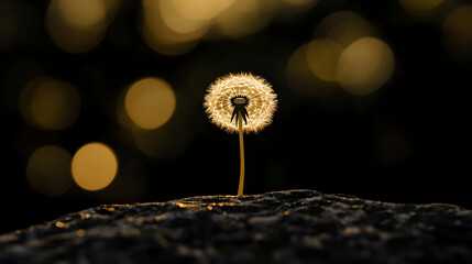 A dandelion seed head glows against a dark background with blurred golden light.
