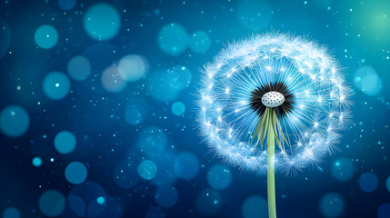 A close-up of a dandelion seed head against a blurred blue background.