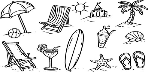 Obraz premium Summer vacation beach doodle set with umbrella, deck chair, and beach elements for design