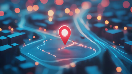 A map shows a location marker and a route with blurred city lights.