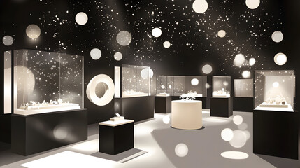 Interior view of a display room showcasing jewelry in illuminated display cases.