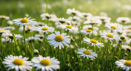 Fototapeta premium Field of delicate white daisy flowers blooming in soft sunlight gentle nature scene