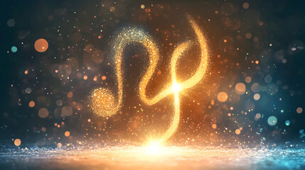 Glowing golden zodiac symbol against a dark starry background with sparkles.