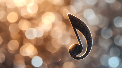 A musical note graphic floats against a blurry bokeh background.