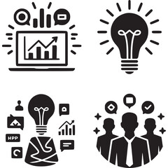 Business idea and innovation concept isolated on white background teamwork and strategy, marketing analysis and financial report, graph and diagram icons set