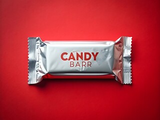 Candy bar in silver foil wrapper on a red background in studio shot, top view