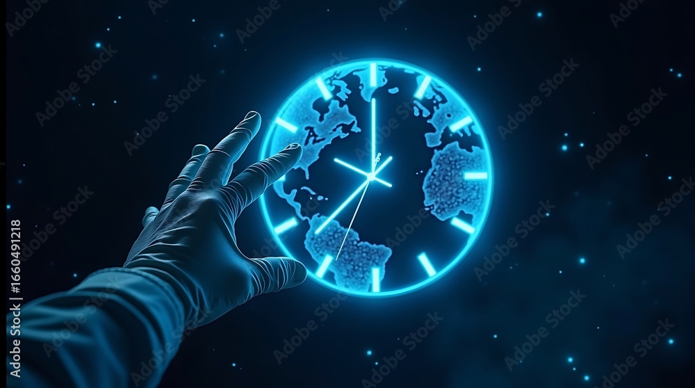 Poster digital clock globe concept with hand in space showing time and world map
