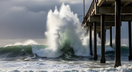 Powerful waves crashing against a pier.