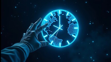 Digital clock globe concept with hand in space showing time and world map
