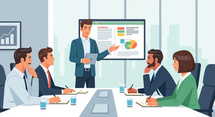 Fototapeta premium Business Presentation In Meeting Room With Pie Chart And Infographics