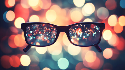 Eyeglasses reflecting blurred lights against a bokeh background.