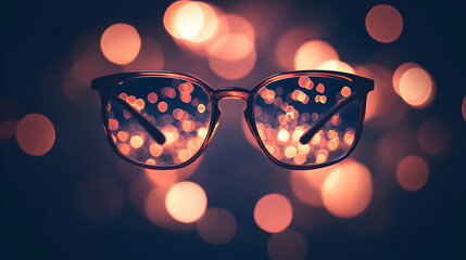 Sunglasses reflect blurred lights against a dark background creating a bokeh effect.
