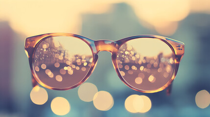 Sunglasses reflect a blurry city scene with bokeh lights in the background.