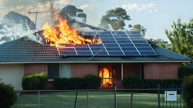 Burning building shows fire destruction with solar panels, suitable for news, documentary or educational content.