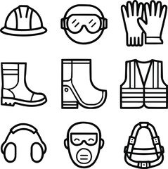 Occupational Safety and PPE Icon Collection  Industrial Protection Outline Set