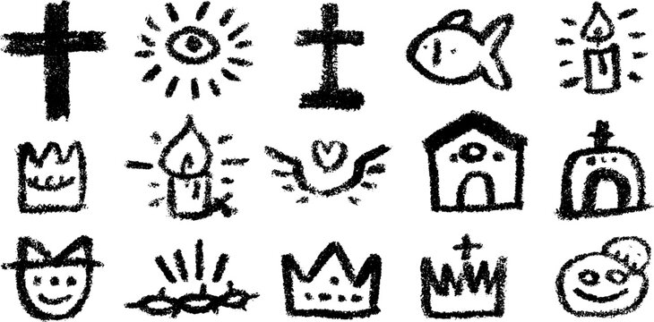 Hand drawn christian symbols set featuring cross, bible, and faith icons