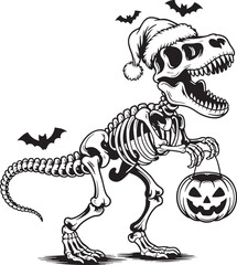 Skeleton T- Rex wearing Santa hat with pumpkin halloween, halloween, christmas, santa hat, skeleton, t-rex, dinosaur, tyrannosaurus rex, pumpkin, jack-o-lantern, trick or treat, candy, costume, spooky