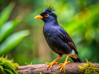 Fototapeta premium A beautiful crested myna perched on a branch in a tropical forest with vibrant plumage