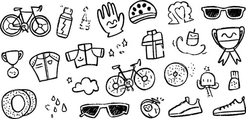 Playful cycling icon doodle set for sport and adventure design