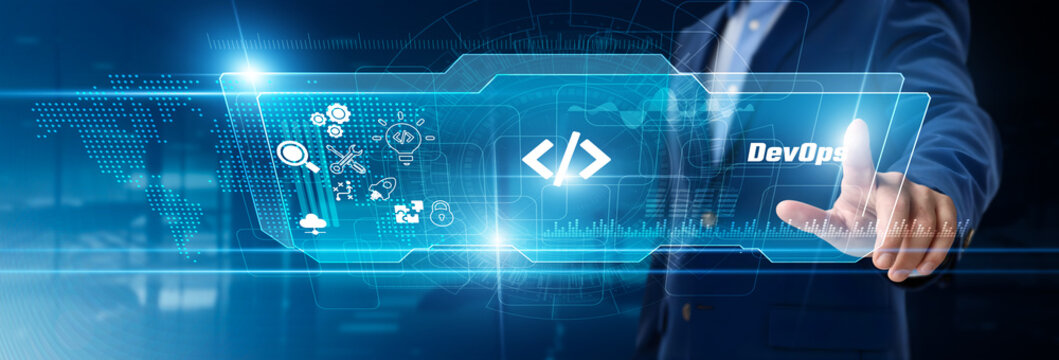 Businessman touching DevOps on digital screen, continuous integration, agile deployment, software automation, performance monitoring, collaborative workflows, cloud infrastructure