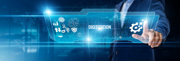 Businessman touching digitization on digital screen, document management, process automation, cloud adoption, digital workflows, data transformation, efficiency enhancement, technology integration