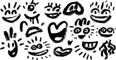 Obraz premium Playful doodle set of smiling and laughing emoji faces for fun designs