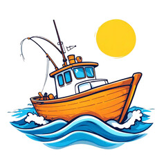 Naklejka premium A solitary fishing boat navigates the vast, blue ocean under a tranquil sky