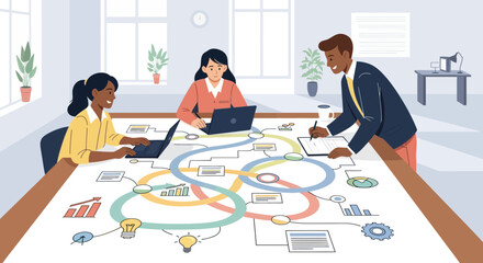 Diverse Team Collaborating on Creative Business Strategy Roadmap in Office