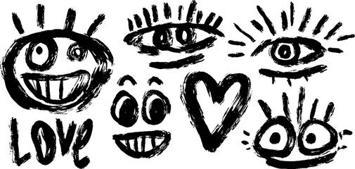 Playful doodle set of smiling and laughing emoji faces for creative design