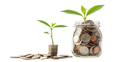 Glass Jar of Coins with Growing Plant, Isolated on Transparent Background, Investment Growth Concept, Finance, Savings, Growth