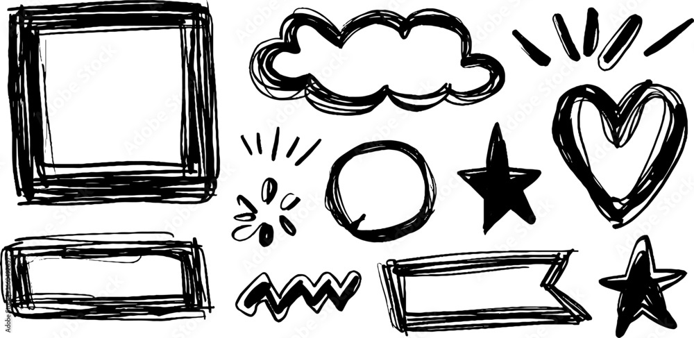 Poster hand drawn doodle set with square and round frames for creative design projects