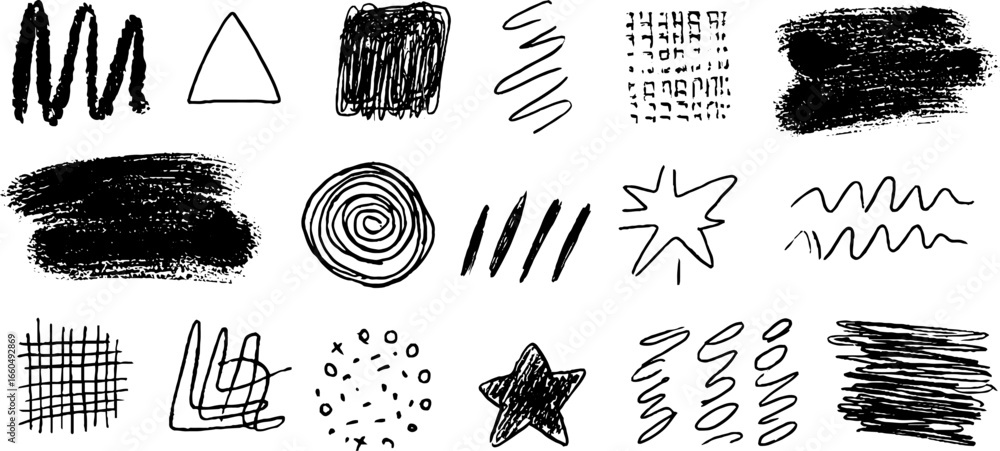 Poster creative doodle set featuring geometric patterns and scribbles for artistic design