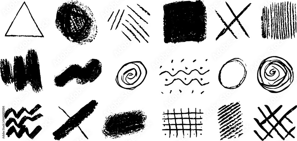 Poster Hand drawn geometric patterns set with triangle shapes and doodle textures for creative design
