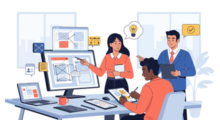 Innovative Team Discussing User Interface Design on Digital Devices in Modern Office