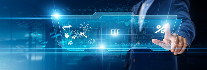 Businessman touching ETF on digital screen, investment portfolio, financial analytics, stock market data, trading strategies, asset management, digital wealth tracking, market performance