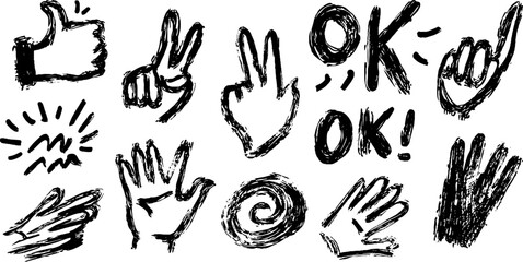 Fototapeta premium Hand gesture doodle collection with thumbs up, thumbs down, and ok signs