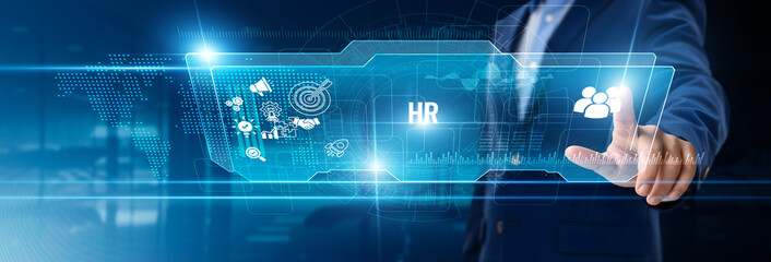 Businessman touching HR on digital screen, employee management, recruitment tools, payroll systems, performance tracking, talent development, workforce analytics, organizational planning