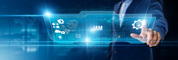Businessman touching identity and access management on digital screen, secure login, user authentication, data protection, role-based access, cybersecurity compliance, digital identity,  IT governance