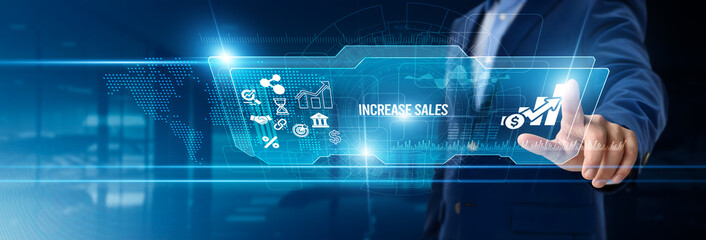 Businessman touching increase sales on digital screen, revenue growth charts, customer engagement, marketing strategy, digital analytics, online transactions, performance tracking