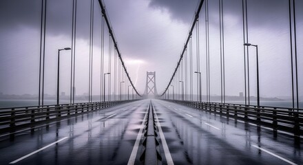 Symmetrical view down the center of a wet suspension bridge under a dramatic, stormy sky.