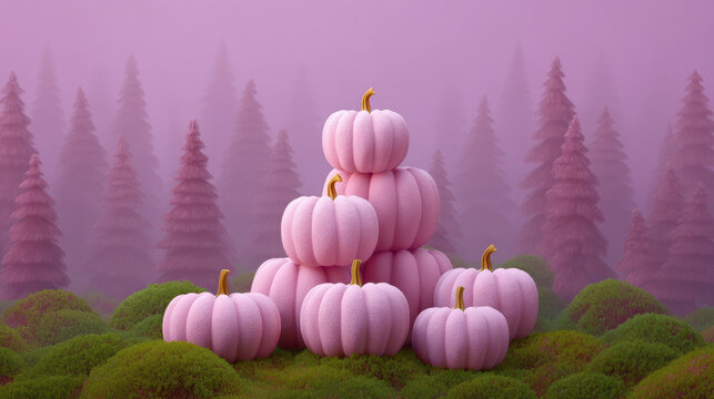 Kawaii halloween illustration, Cute kawaii pink pumpkin halloween illustration with soft texture stacked on green moss in dreamy forest scene